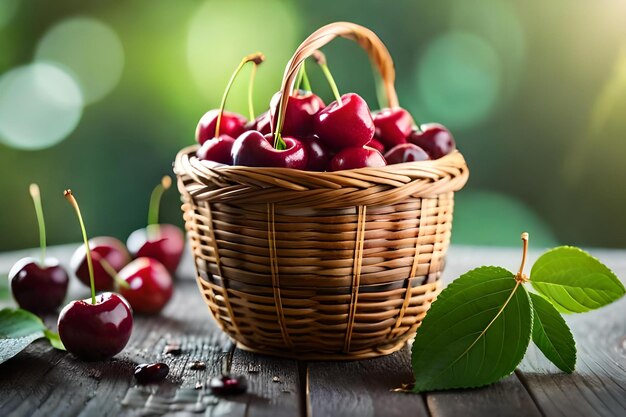 A basket of cherries on a wooden table with a green background