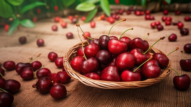 A basket of cherries on a wooden table