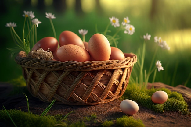 basket of chicken eggs on nature background