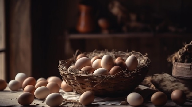 Basket of chicken eggs on a wooden table over farm in the countryside