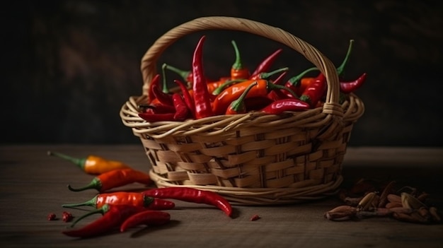 A basket of chili peppers sits on a table next to a bottle of hot chili.