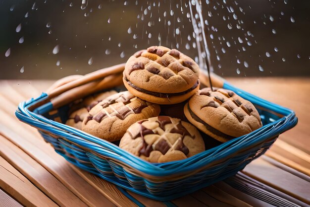 a basket of chocolate chip cookies with water drops in the background