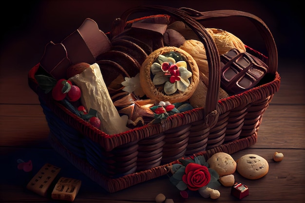 A basket of chocolates and cookies with a red rose on the bottom.