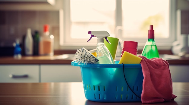 A basket of cleaning supplies on a kitchen counter