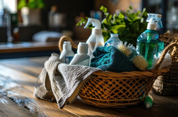 a basket of cleaning supplies on top of a wooden table