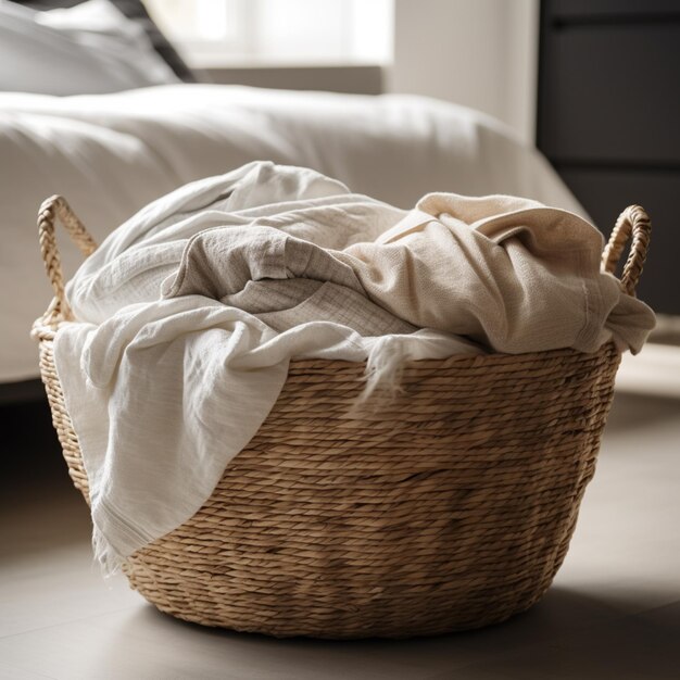 A basket of clothes is on the floor in front of a bed.