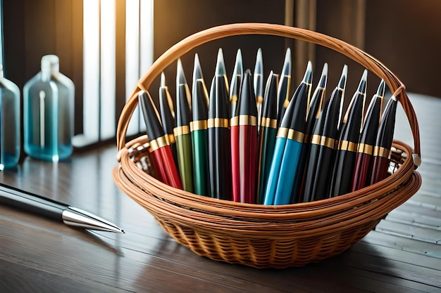 A basket of colored pencils sits on a wooden table.