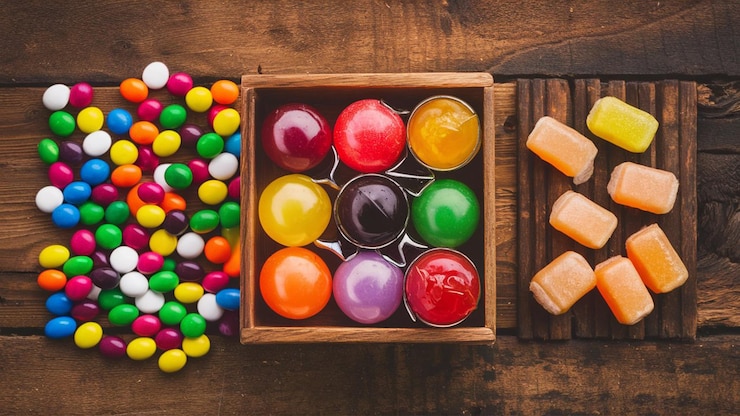 Photo a basket of colorful candy including a bottle of gum
