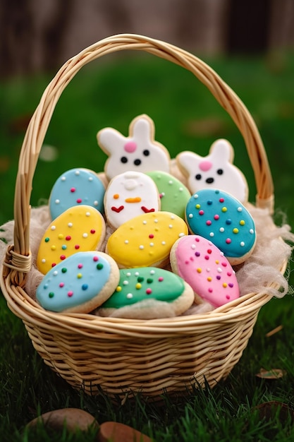 A basket of colorful easter eggs cookies