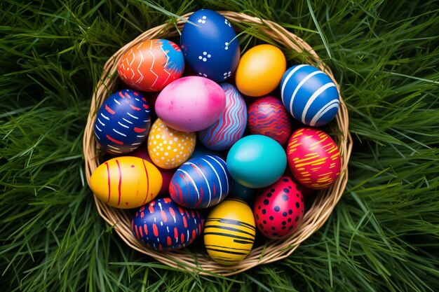 Basket of Colorful Easter Eggs on Green Grass