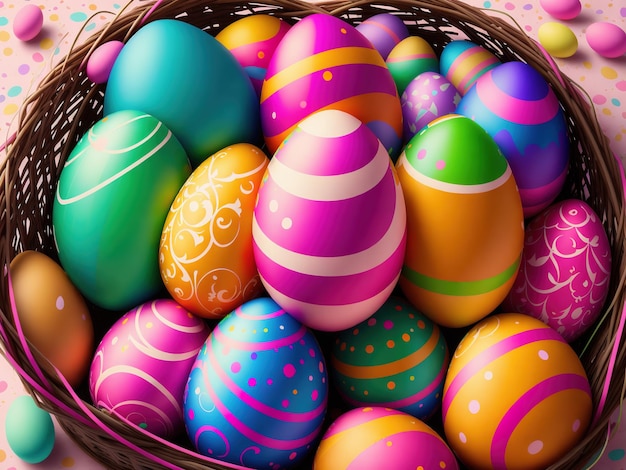 A basket of colorful easter eggs is filled with colorful designs.