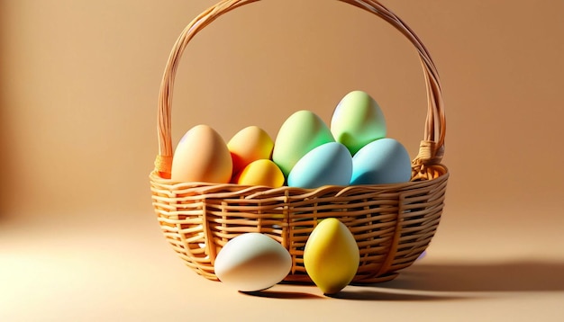 A basket of colorful easter eggs sits on a brown background.