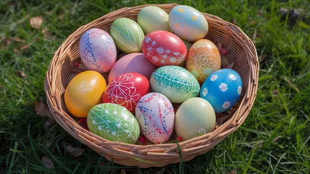 A basket of colorful easter eggs sits on a grass