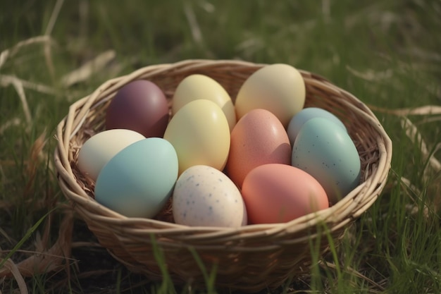 A basket of colorful easter eggs sits on the grass.