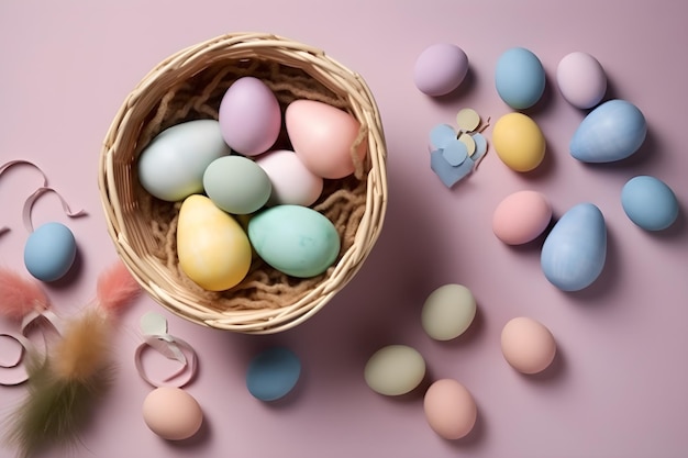 A basket of colorful easter eggs sits on a pink background.