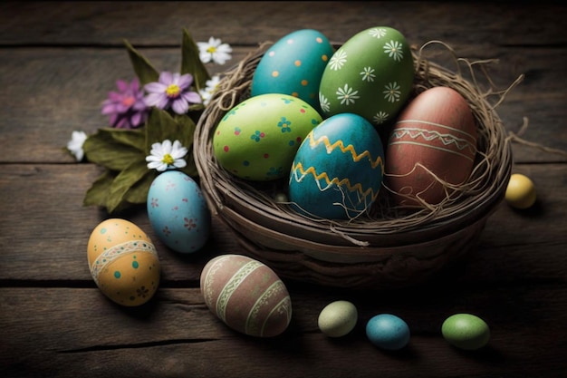 A basket of colorful easter eggs sits on a wooden table.