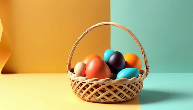 Корзина красочных пасхальных яиц сидит на желтом и синем фоне.
