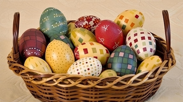A basket of colorful easter eggs with a cross on it.