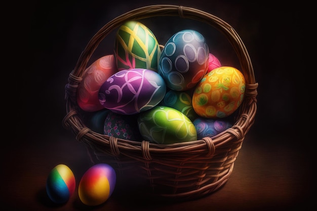 A basket of colorful easter eggs with the word easter on it