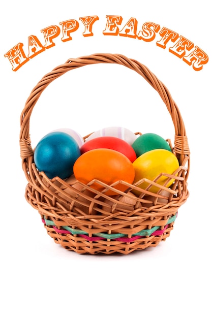 A basket of colorful easter eggs with the words happy easter on the top