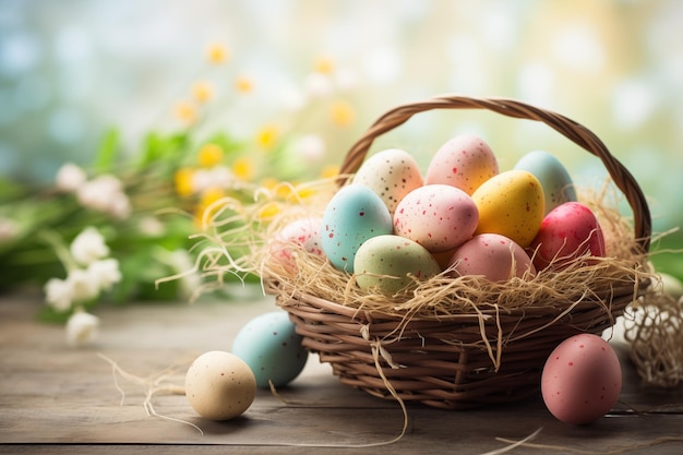 Basket of colorful Easter eggs on a wooden table rustic style cozy and homely atmosphere