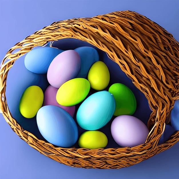 A basket of colorful eggs is on a blue background.