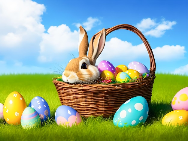 Basket of colorful eggs and a rabbit on the meadow beautiful eggs for easter ai generated