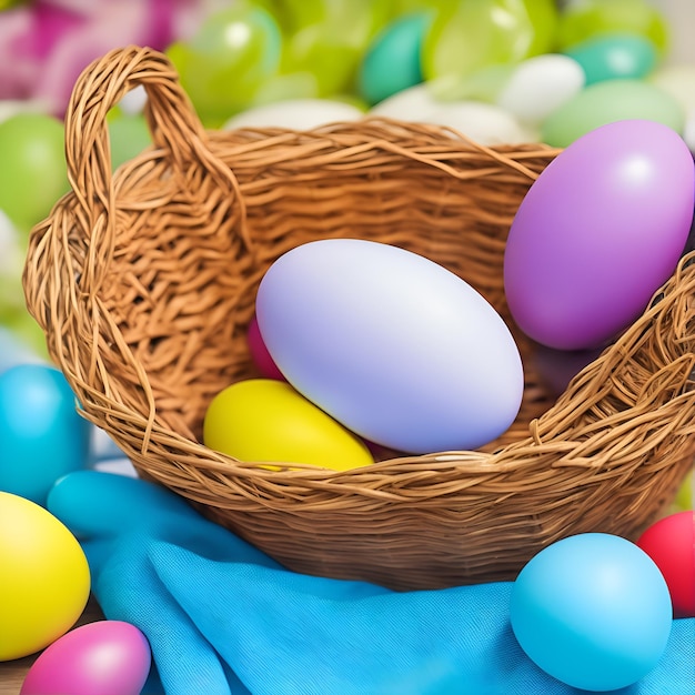 A basket of colorful eggs sits on a table with other colorful balls.