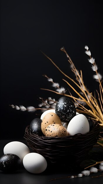 A basket of colorful eggs with copyspace on a black background Easter egg concept Spring holiday