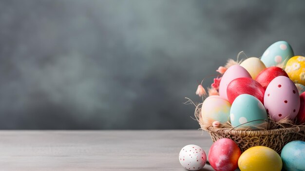 A basket of colorful eggs with copyspace on a grey background Easter egg concept Spring holiday