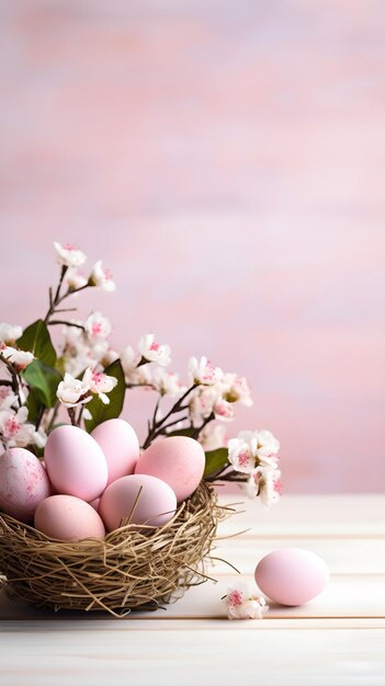 ピンクの背景にコピースペースが付いたカラフルな卵のバスケット イースターエッグのコンセプト 春の休日