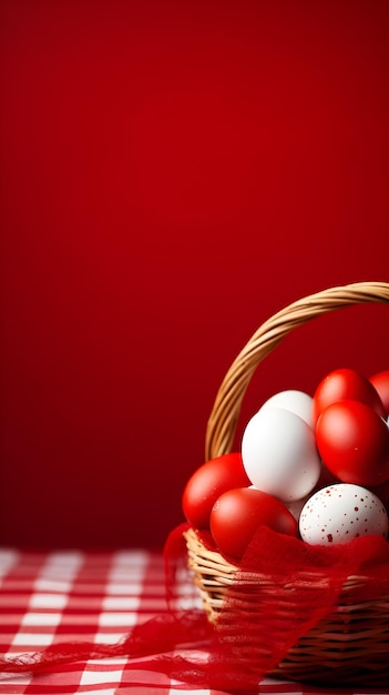 A basket of colorful eggs with copyspace on a red background Easter egg concept Spring holiday