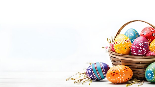 白い背景のコピースペースを備えたカラフルな卵のバスケット イースターエッグのコンセプト 春の休日