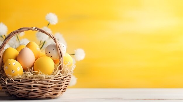 黄色い背景のコピースペースで色とりどりの卵のバスケット イースターエッグコンセプト 春の休日