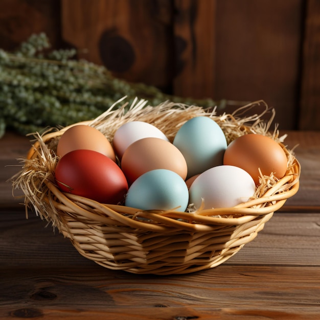 Basket of colorful fresh eggs on wooden table