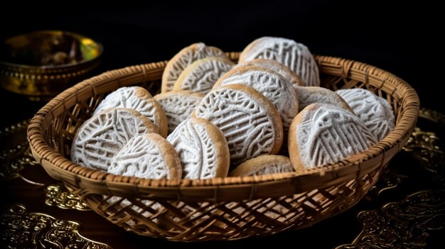 A basket of cookies with the word bake on the top