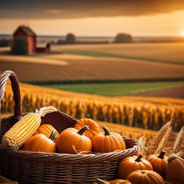 a basket of corn is in front of a cornfield