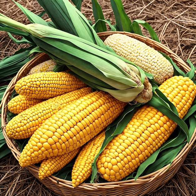 A basket of corn is full of corn.