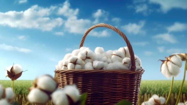 Basket of cotton flowers on the field Generative AI