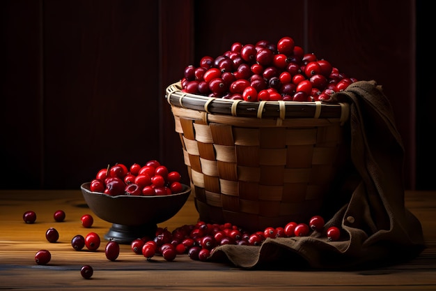 A basket of cranberries on a wooden table