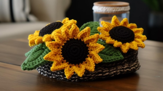 A basket of crocheted sunflowers sits on a table.