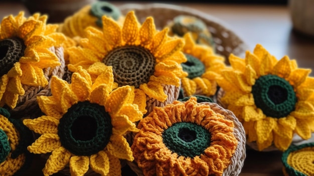 A basket of crocheted sunflowers with a basket of yarn.