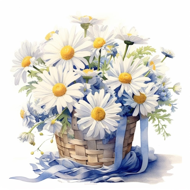 A basket of daisies is on a table with a ribbon.