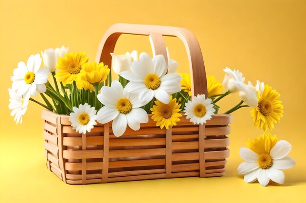 A basket of daisies with a yellow background