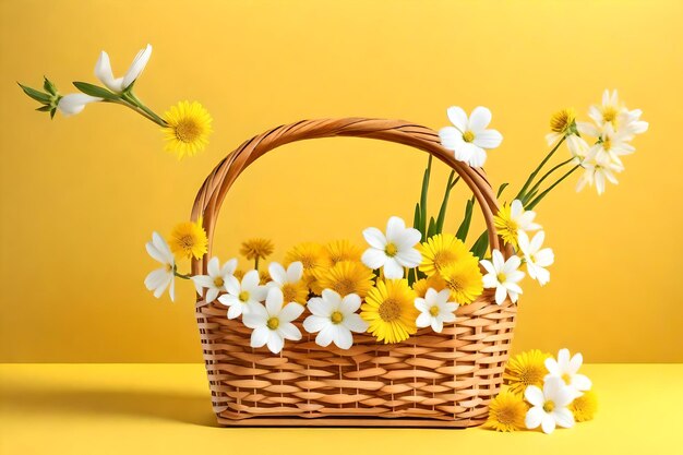 A basket of daisies with a yellow background