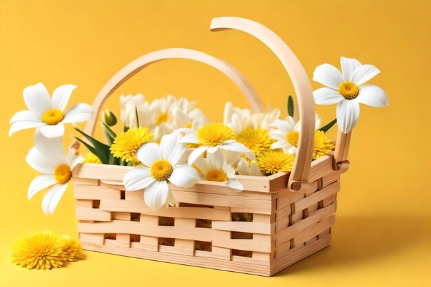 A basket of daisies with a yellow background