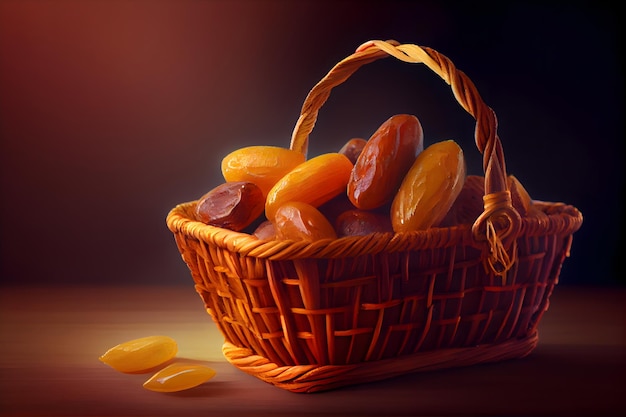 A basket of dates is shown with a dark background.