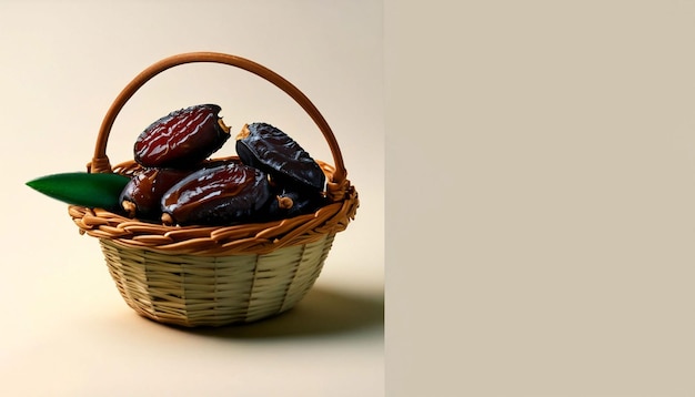 A basket of dates is shown with a gray background.