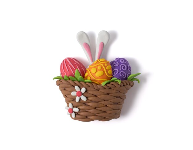 Basket design with Easter eggs and bunny ears Handmade with plasticine Top view Flat lay