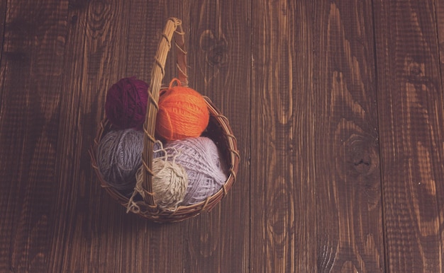 The basket of different clews of threads are on the wood table